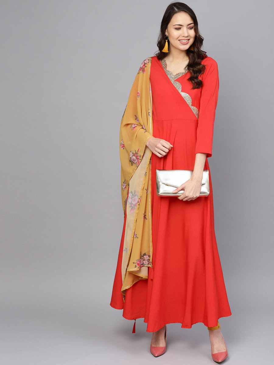 Ahalyaa Women Red Mustard Yellow Solid Angrakha A-Line Dress with Dupatta | Swadesiicart