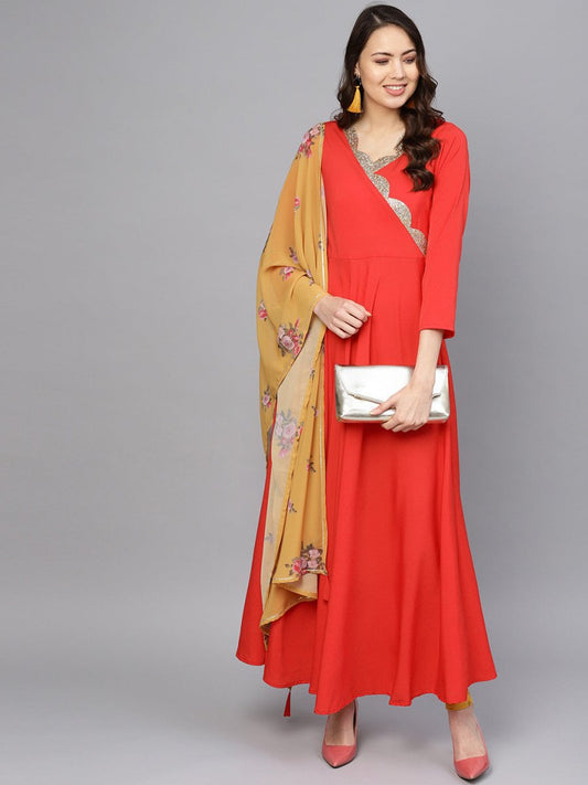 Ahalyaa Women Red Mustard Yellow Solid Angrakha A-Line Dress with Dupatta | Swadesiicart