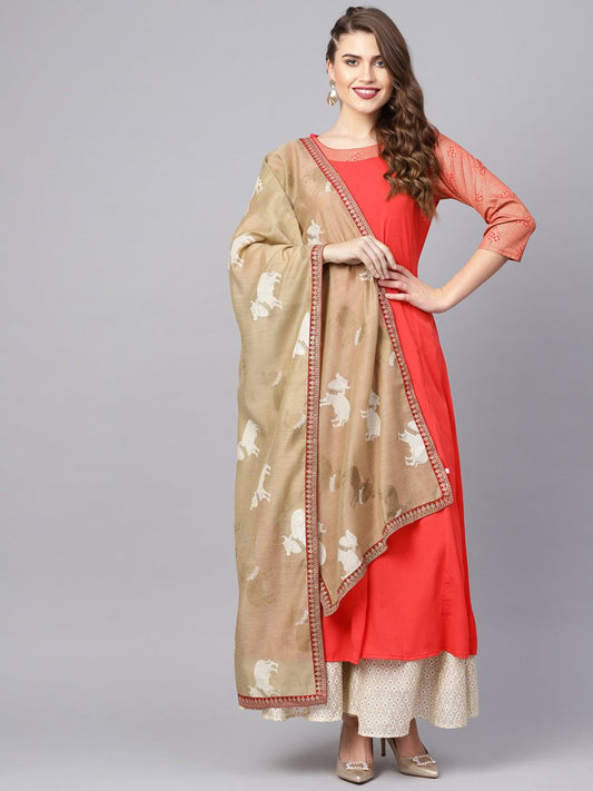 Ahalyaa Women Coral Red Solid A-Line Kurta With Dupatta | Swadesiicart