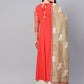 Ahalyaa Women Coral Red Solid A-Line Kurta With Dupatta | Swadesiicart