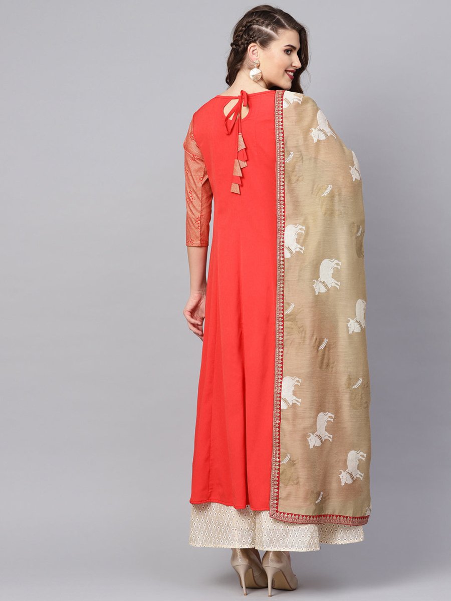 Ahalyaa Women Coral Red Solid A-Line Kurta With Dupatta | Swadesiicart