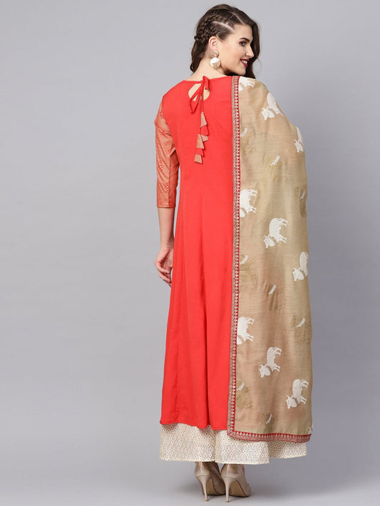 Ahalyaa Women Coral Red Solid A-Line Kurta With Dupatta | Swadesiicart