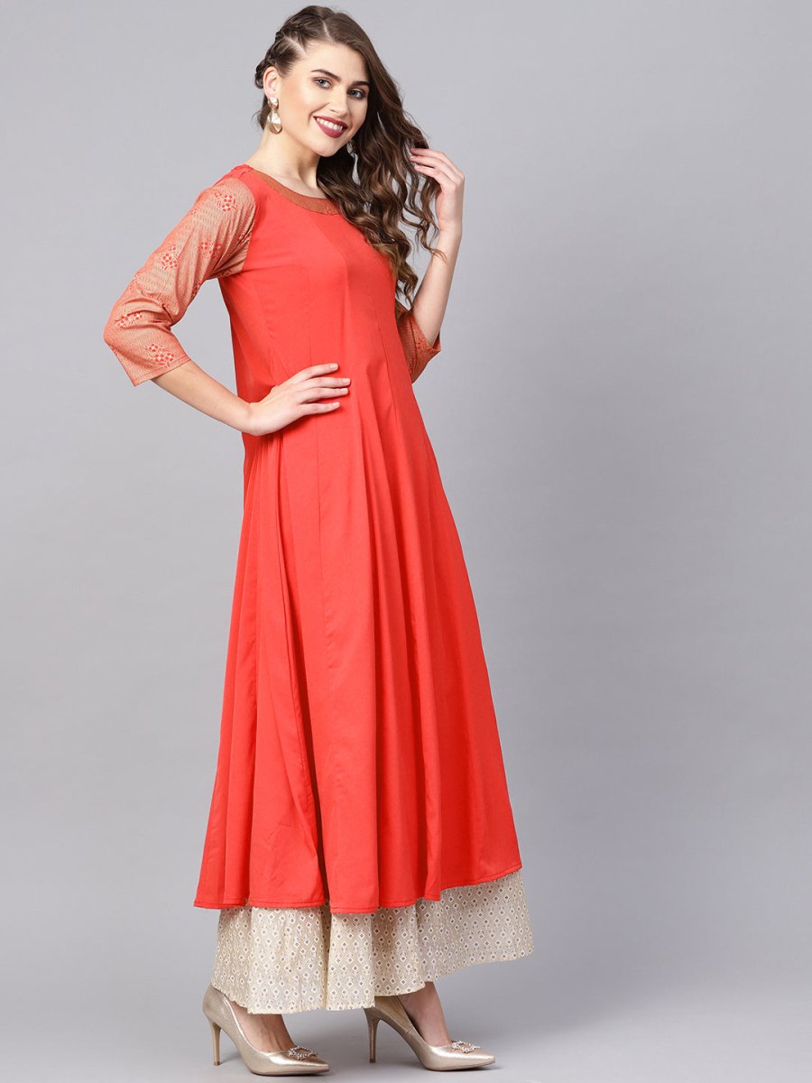 Ahalyaa Women Coral Red Solid A-Line Kurta With Dupatta | Swadesiicart