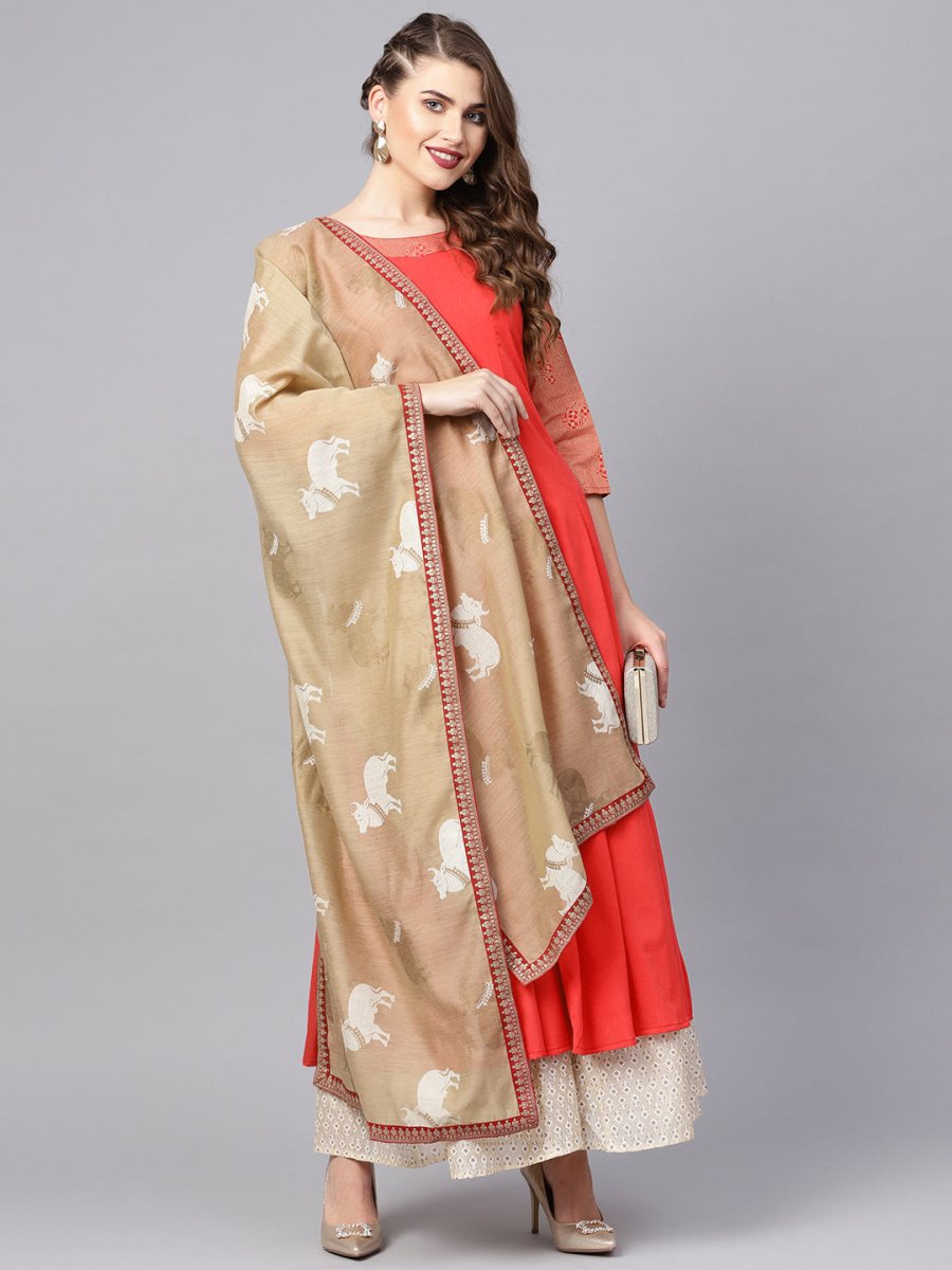 Ahalyaa Women Coral Red Solid A-Line Kurta With Dupatta | Swadesiicart