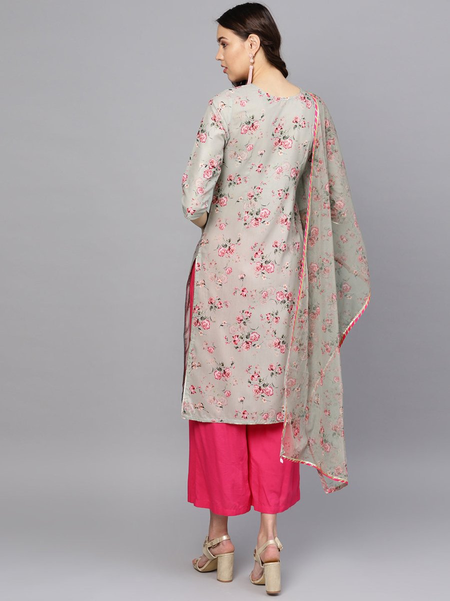 Ahalyaa Women Grey & Pink Printed Beautiful Straight Kurta with Dupatta | Swadesiicart