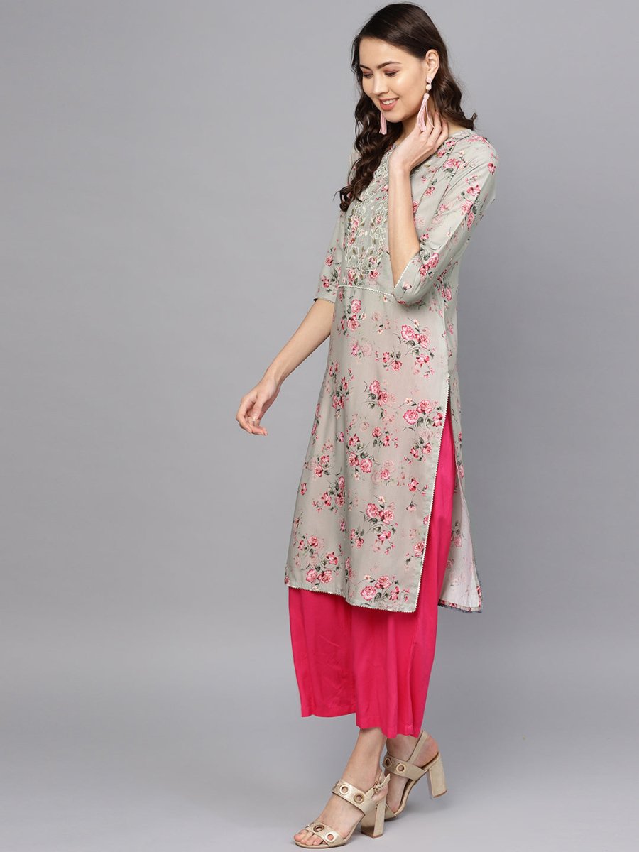 Ahalyaa Women Grey & Pink Printed Beautiful Straight Kurta with Dupatta | Swadesiicart