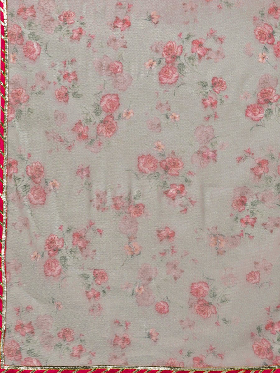 Ahalyaa Women Grey & Pink Printed Beautiful Straight Kurta with Dupatta | Swadesiicart