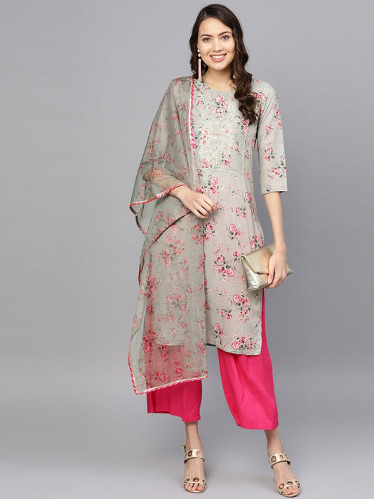 Ahalyaa Women Grey & Pink Printed Beautiful Straight Kurta with Dupatta | Swadesiicart
