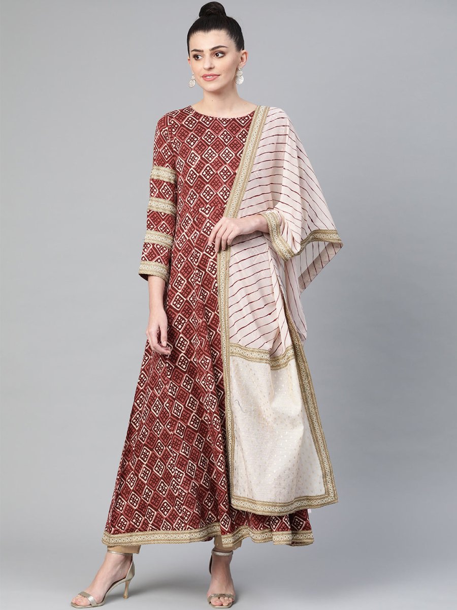 Ahalyaa Women Maroon & Off-White Printed Anarkali Kurta with Beautiful Dupatta | Swadesiicart