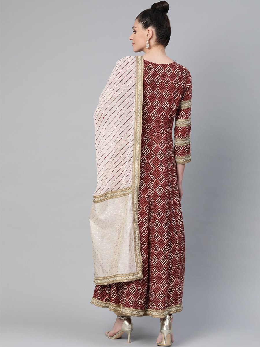 Ahalyaa Women Maroon & Off-White Printed Anarkali Kurta with Beautiful Dupatta | Swadesiicart