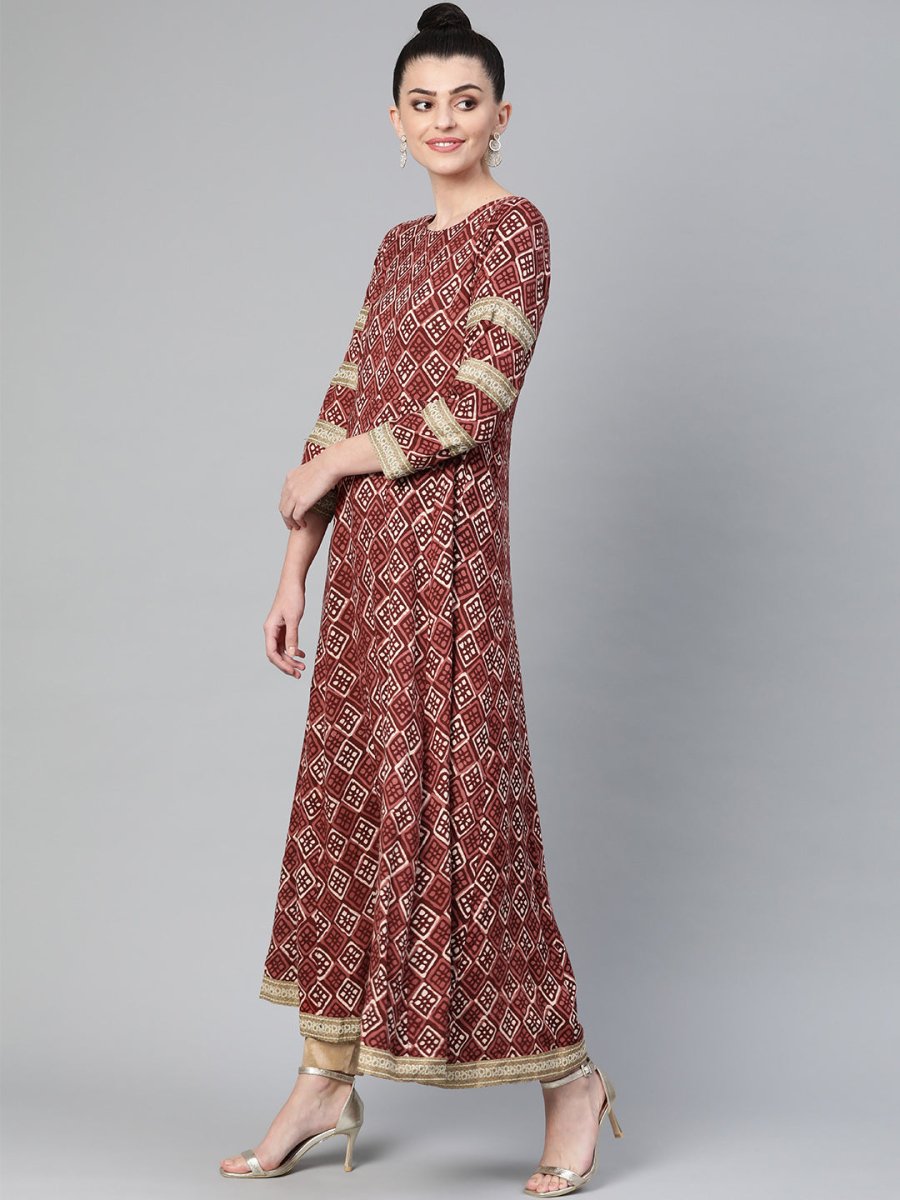 Ahalyaa Women Maroon & Off-White Printed Anarkali Kurta with Beautiful Dupatta | Swadesiicart