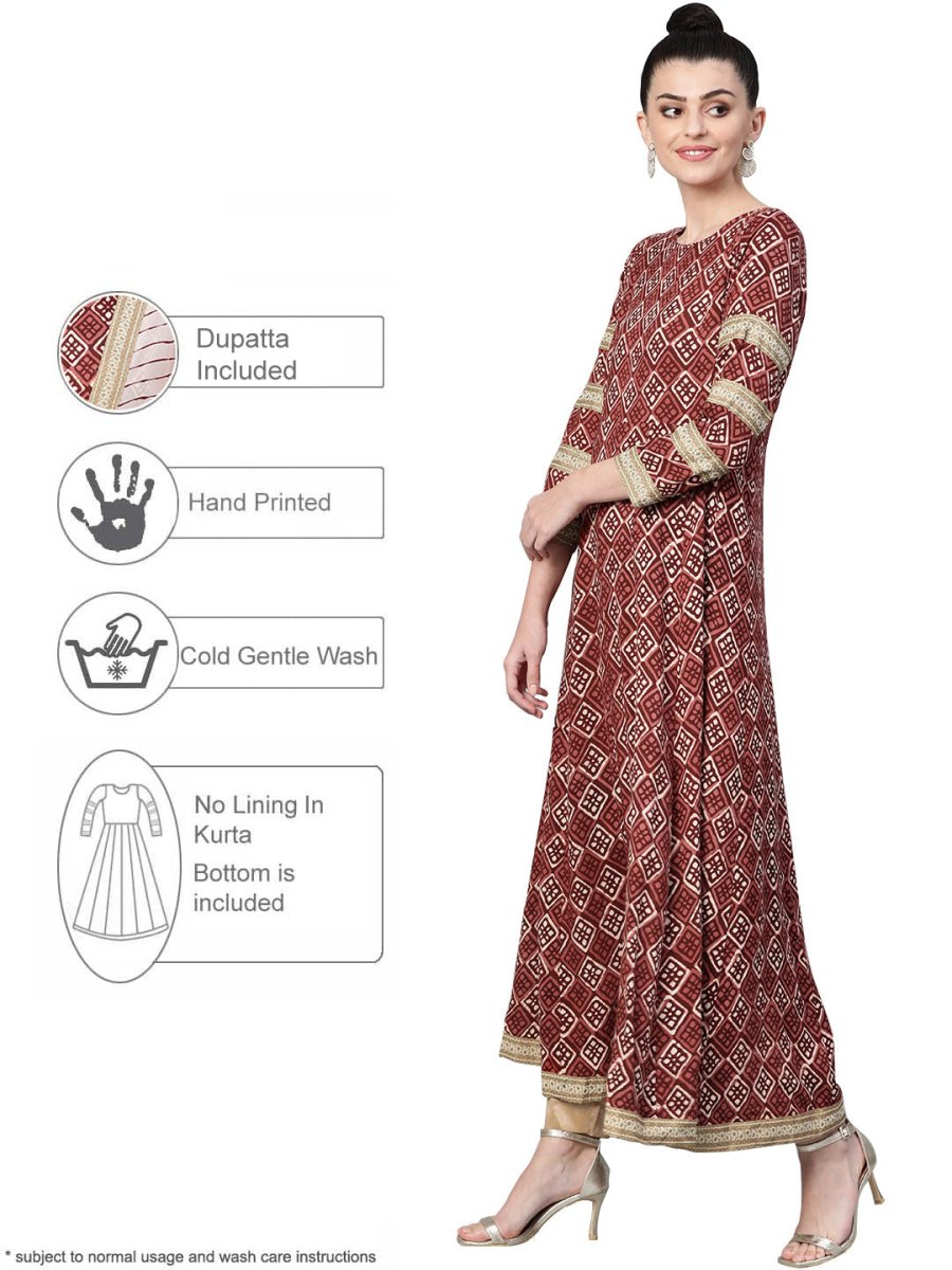 Ahalyaa Women Maroon & Off-White Printed Anarkali Kurta with Beautiful Dupatta | Swadesiicart
