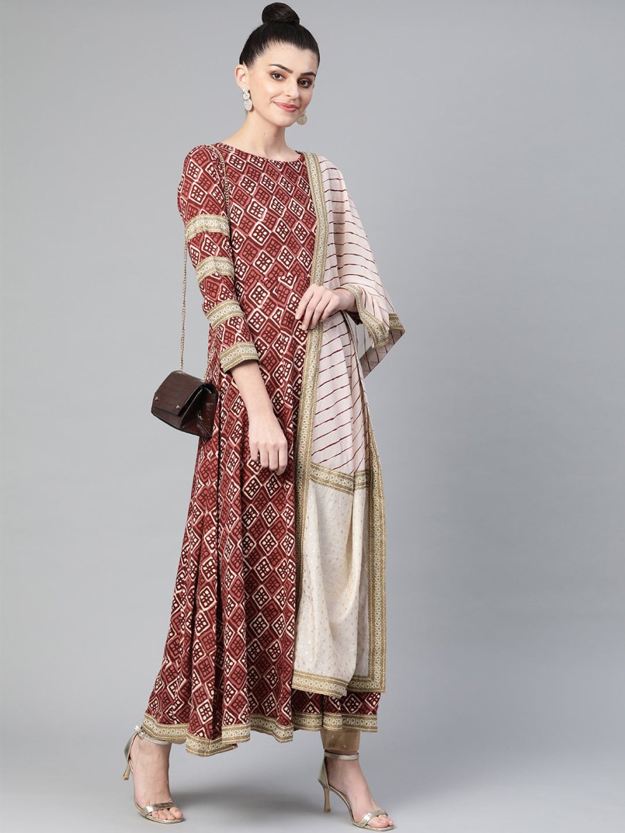 Ahalyaa Women Maroon & Off-White Printed Anarkali Kurta with Beautiful Dupatta | Swadesiicart