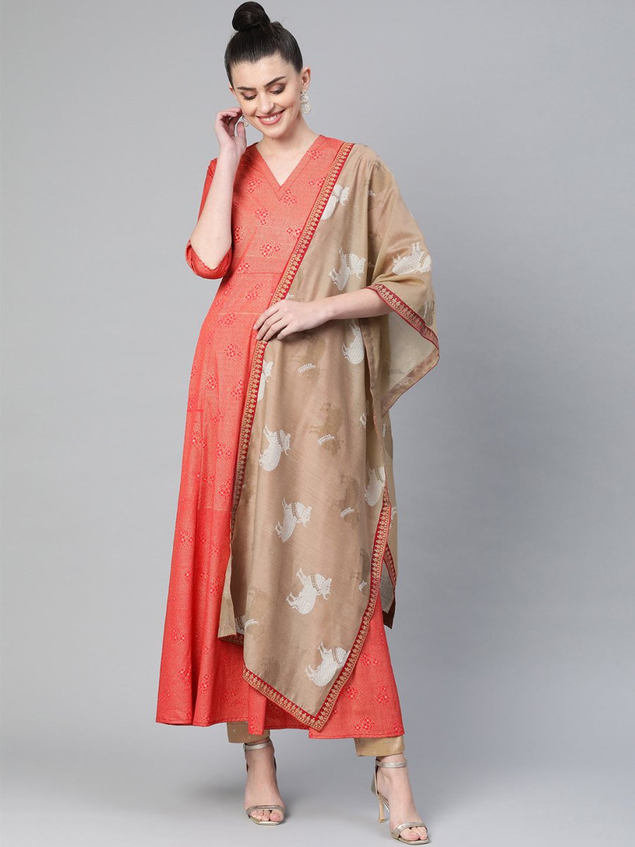 Ahalyaa Women Red & Golden Printed Beautiful A-Line Kurta with Dupatta | Swadesiicart