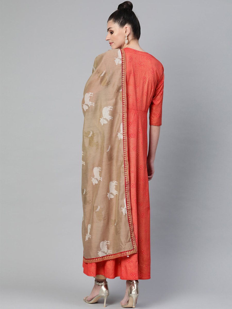 Ahalyaa Women Red & Golden Printed Beautiful A-Line Kurta with Dupatta | Swadesiicart