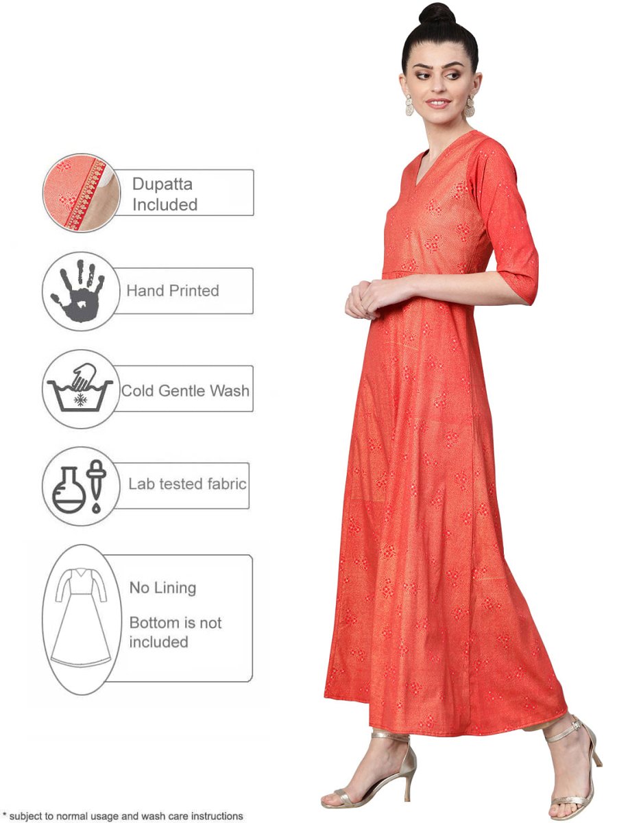 Ahalyaa Women Red & Golden Printed Beautiful A-Line Kurta with Dupatta | Swadesiicart