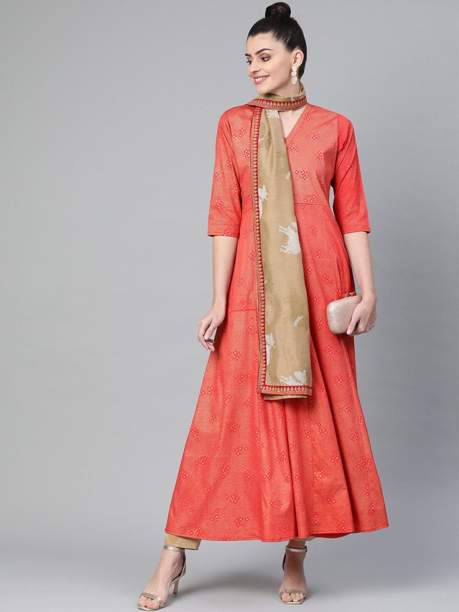 Ahalyaa Women Red & Golden Printed Beautiful A-Line Kurta with Dupatta | Swadesiicart