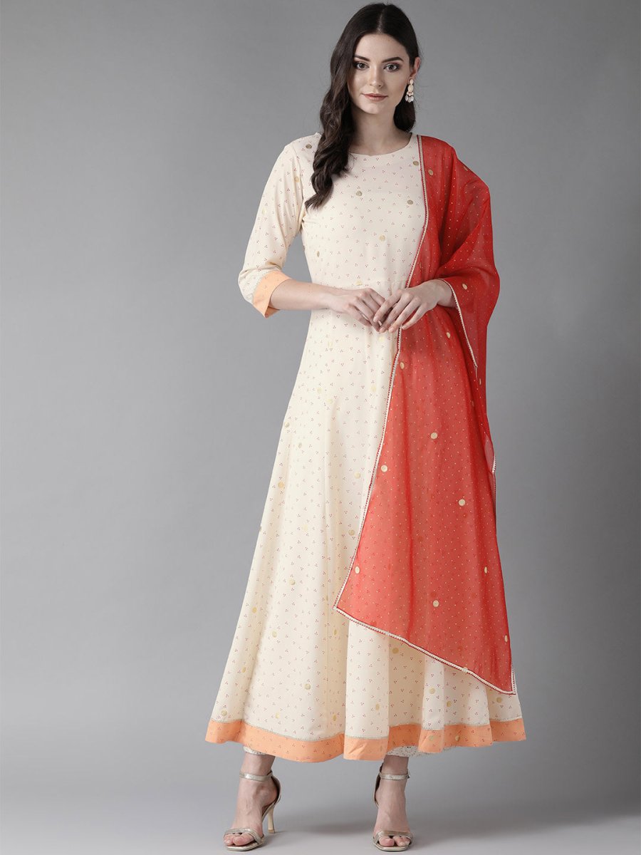 Ahalyaa Cream Kurta with Dupatta Set | Swadesiicart