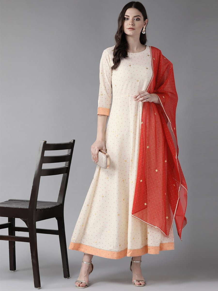 Ahalyaa Cream Kurta with Dupatta Set | Swadesiicart