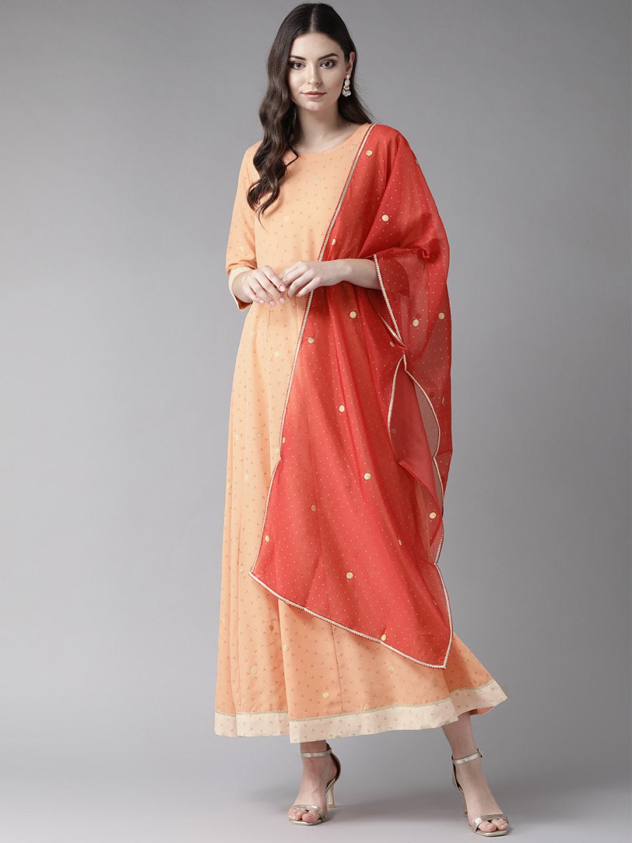 Ahalyaa Peach-Coloured & Rust Orange Printed Maxi Dress With Dupatta | Swadesiicart