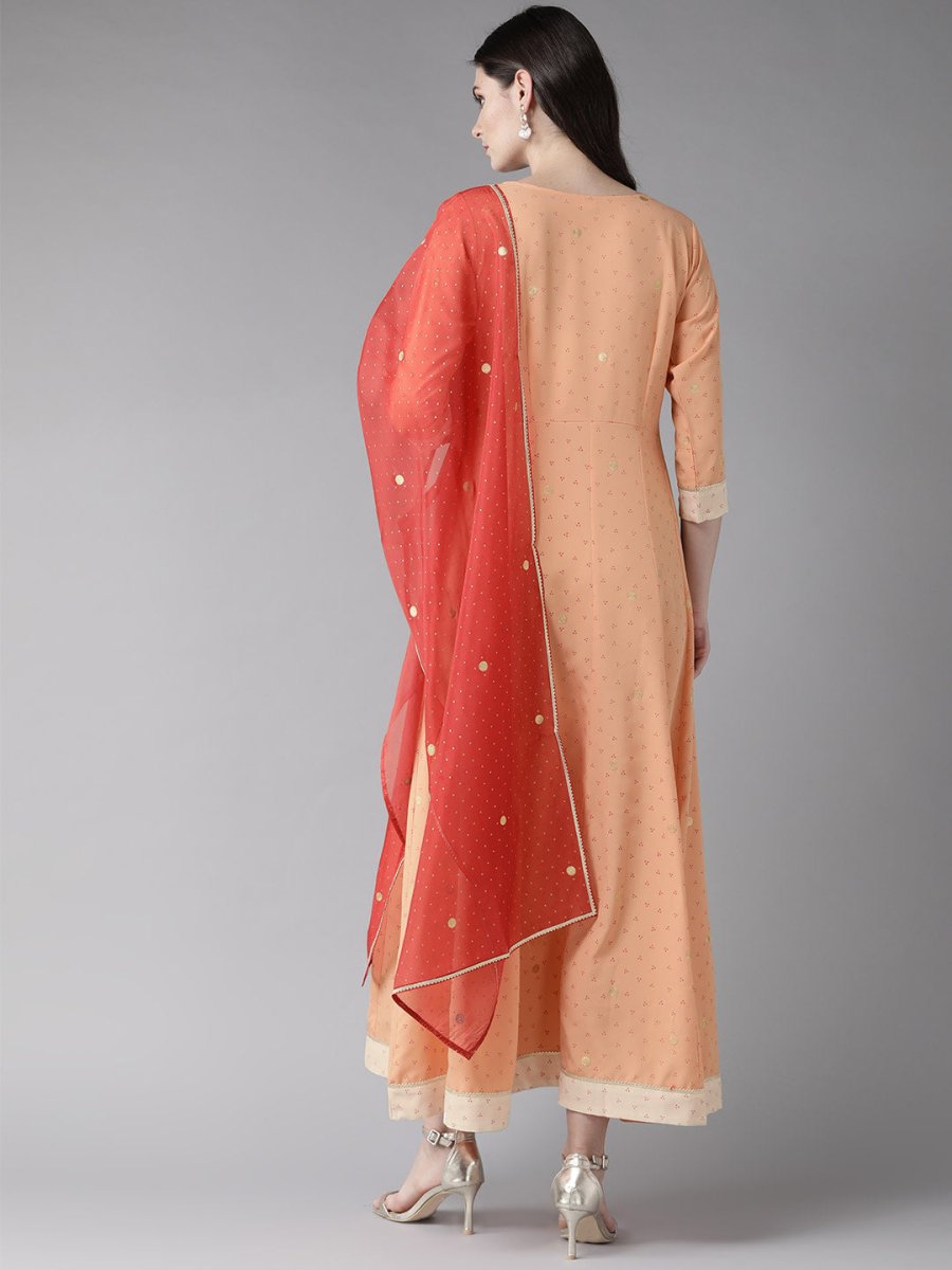 Ahalyaa Peach-Coloured & Rust Orange Printed Maxi Dress With Dupatta | Swadesiicart