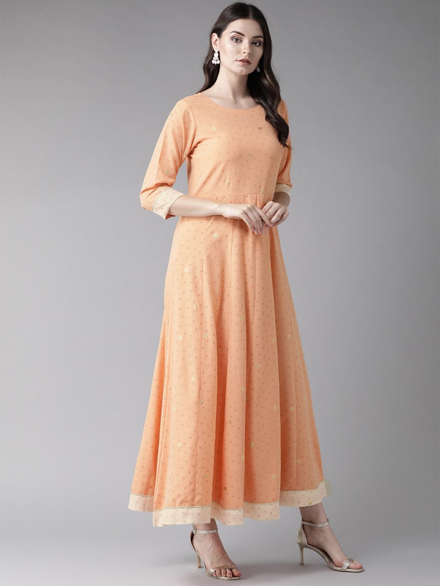Ahalyaa Peach-Coloured & Rust Orange Printed Maxi Dress With Dupatta | Swadesiicart