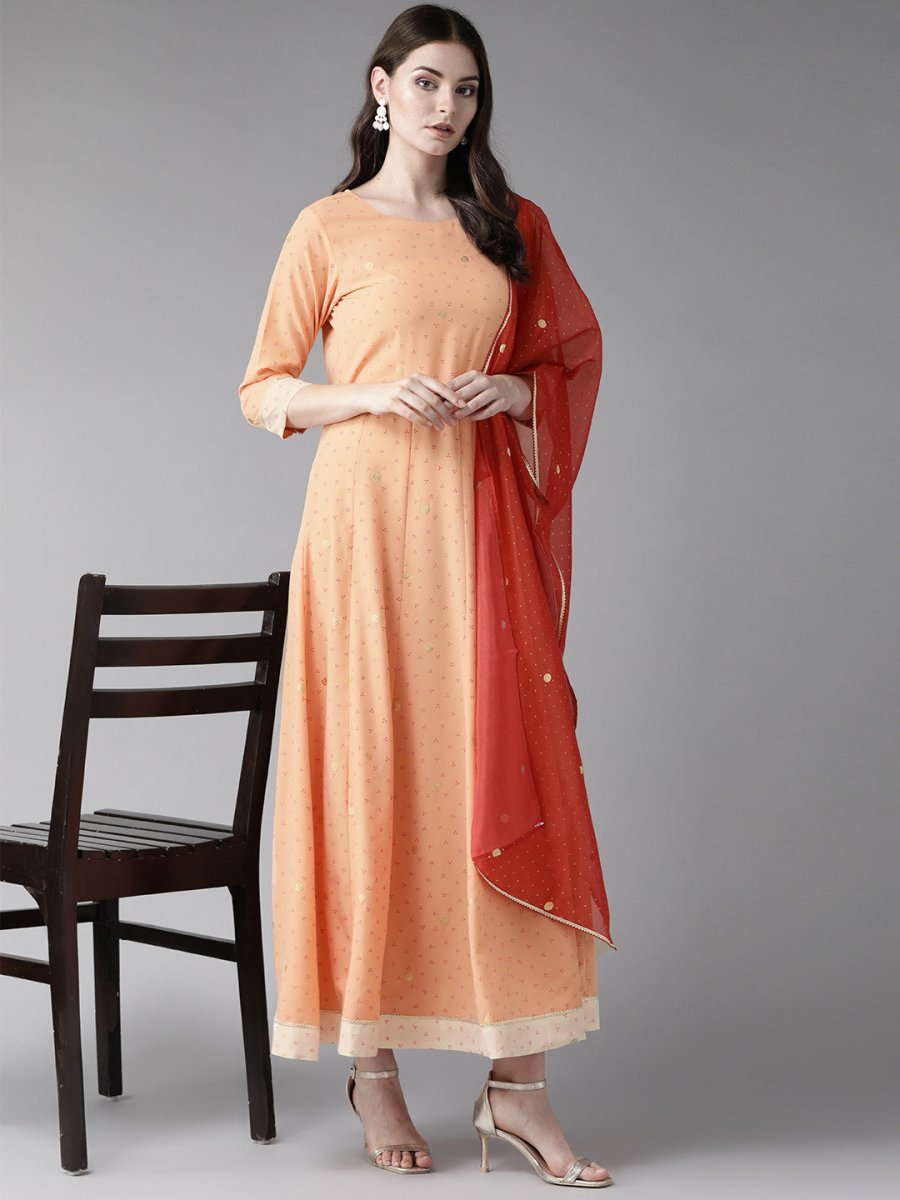 Ahalyaa Peach-Coloured & Rust Orange Printed Maxi Dress With Dupatta | Swadesiicart