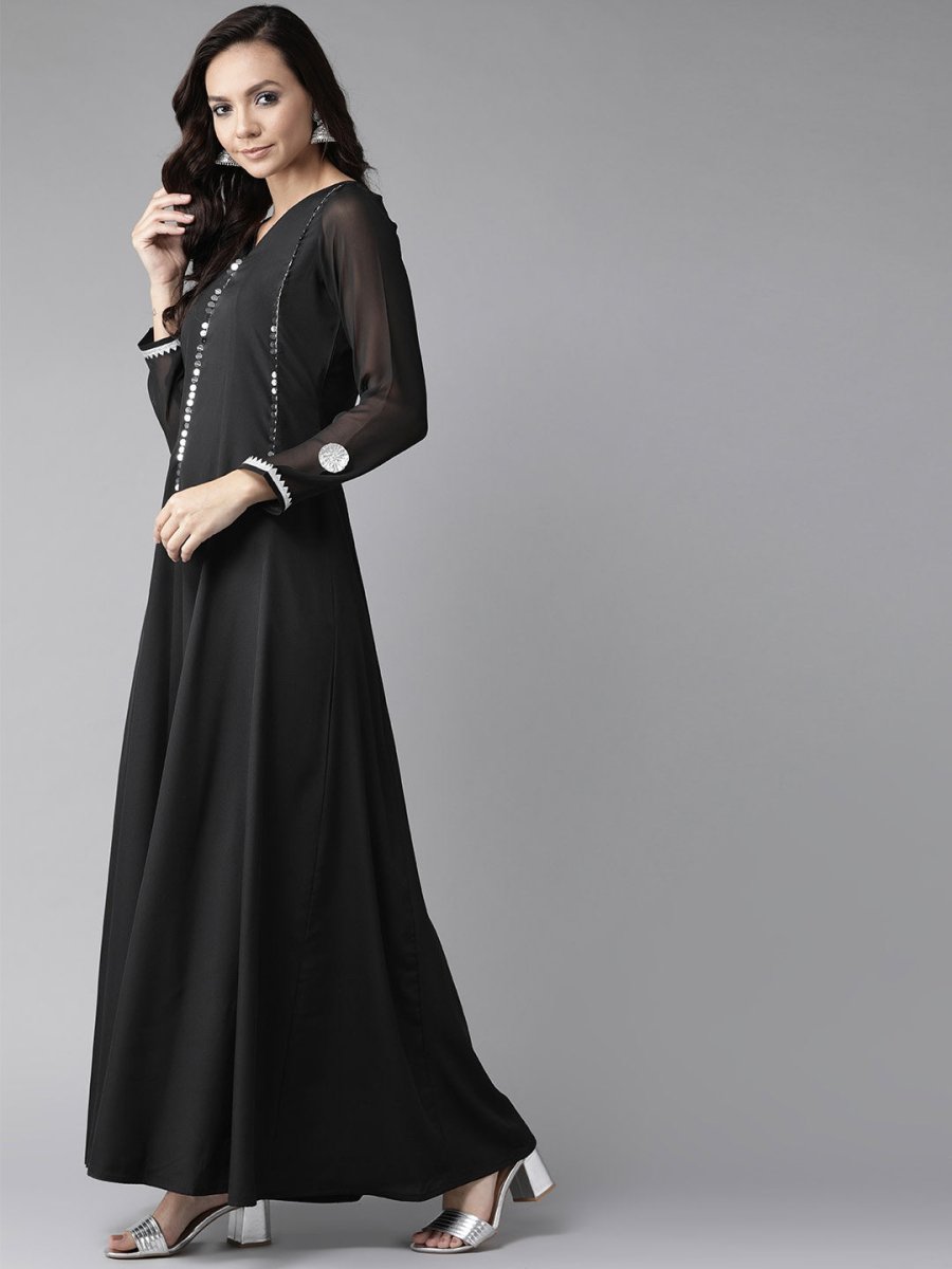 Ahalyaa Black Solid Maxi Dress With Dupatta | Swadesiicart