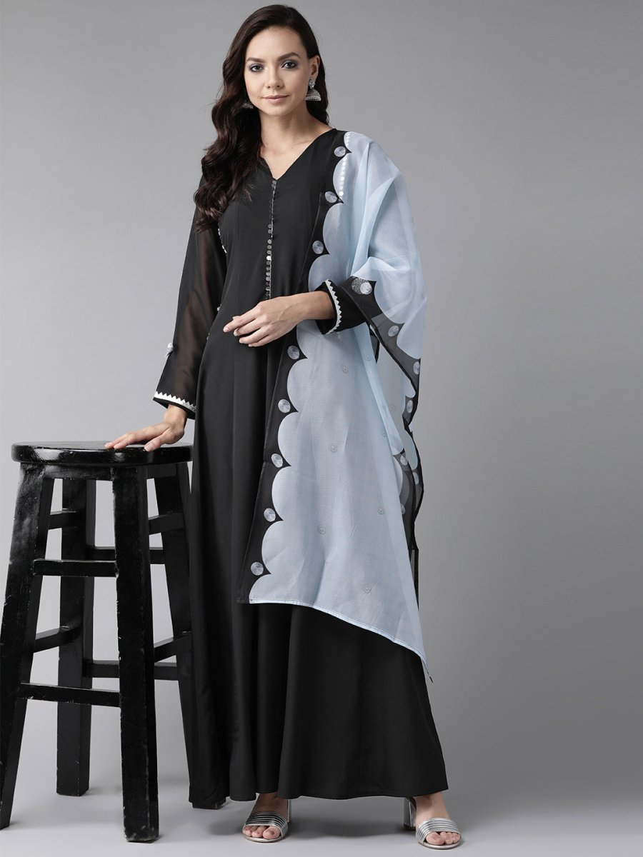 Ahalyaa Black Solid Maxi Dress With Dupatta | Swadesiicart