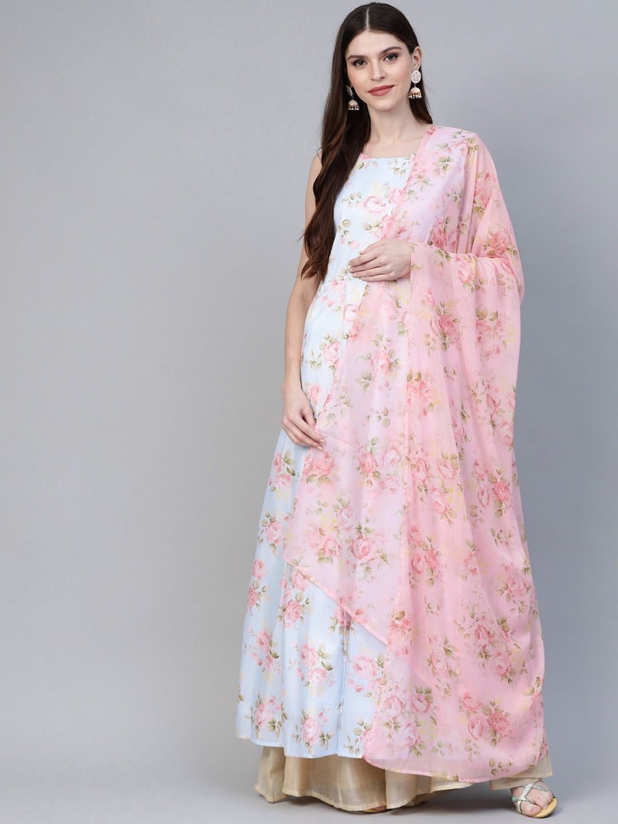 Ahalyaa Blue & Pink Floral Printed Anarkali Kurta with Dupatta | Swadesiicart