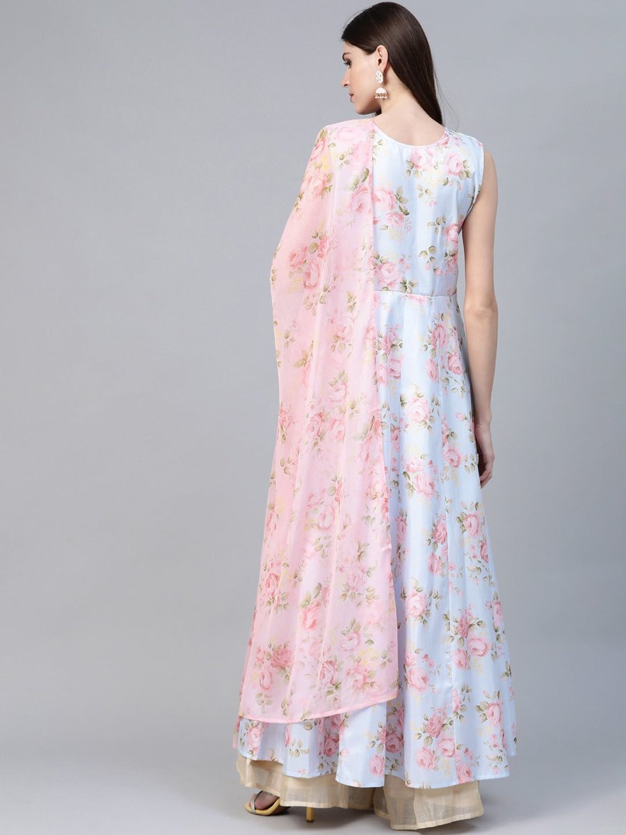 Ahalyaa Blue & Pink Floral Printed Anarkali Kurta with Dupatta | Swadesiicart