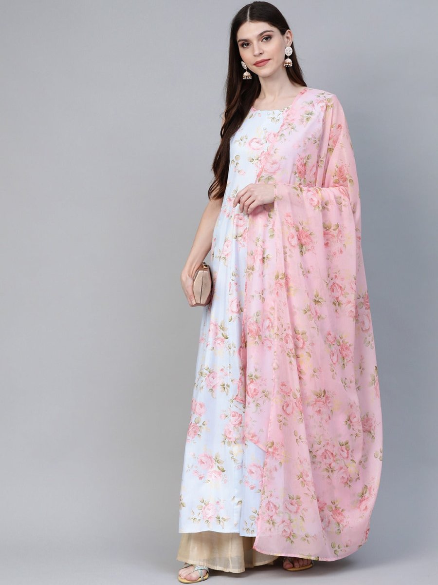 Ahalyaa Blue & Pink Floral Printed Anarkali Kurta with Dupatta | Swadesiicart