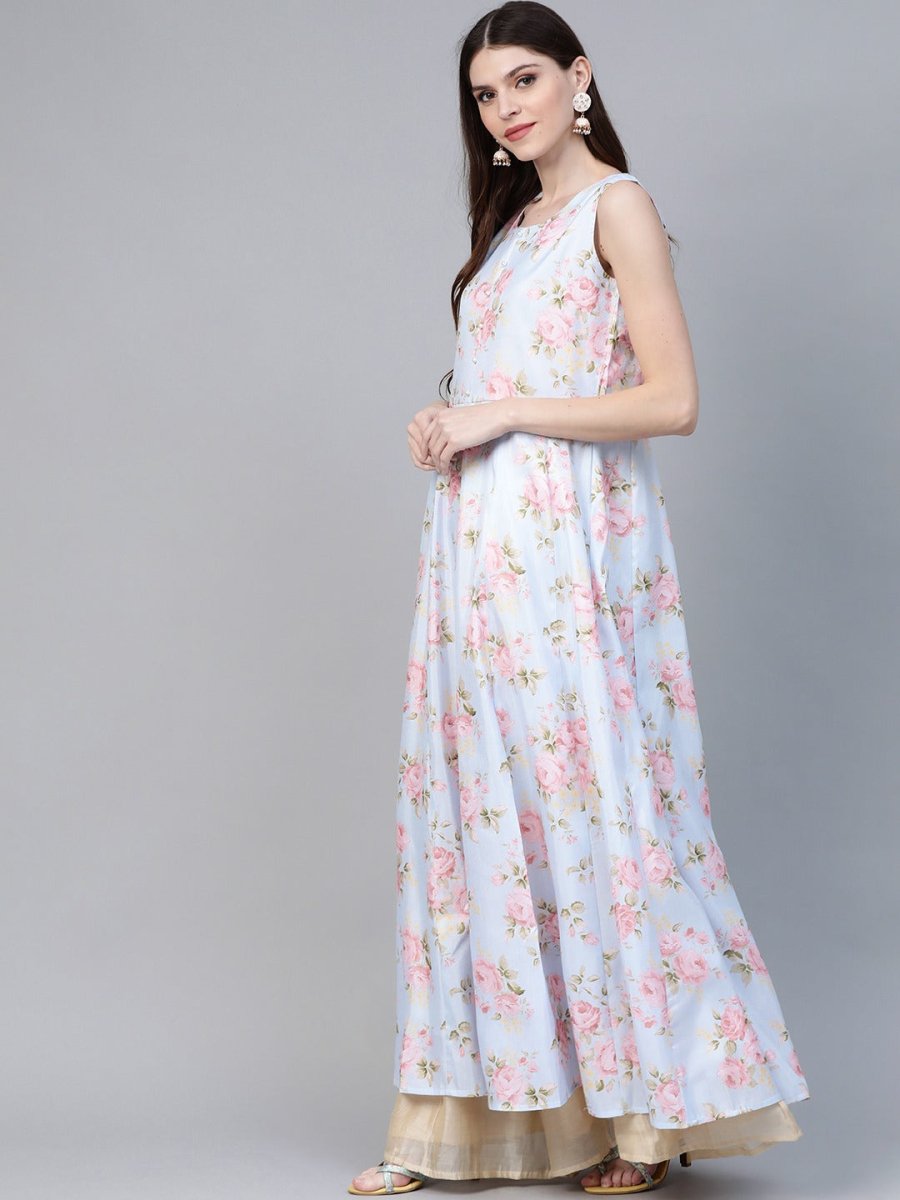 Ahalyaa Blue & Pink Floral Printed Anarkali Kurta with Dupatta | Swadesiicart