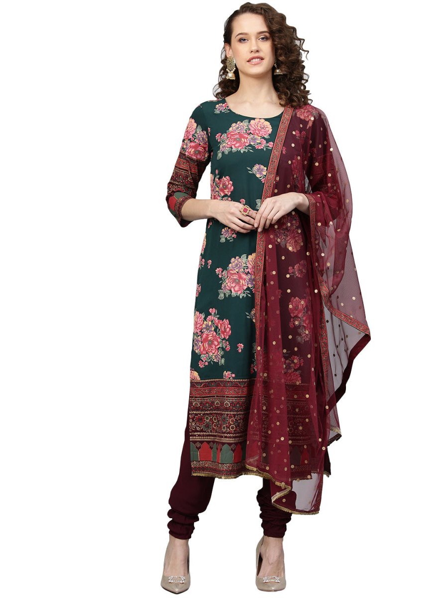 Ahalyaa Green & Burgundy Printed Kurta with Churidar & Dupatta | Swadesiicart