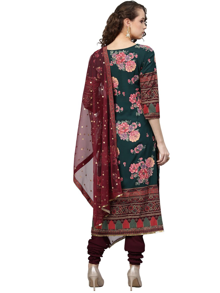 Ahalyaa Green & Burgundy Printed Kurta with Churidar & Dupatta | Swadesiicart