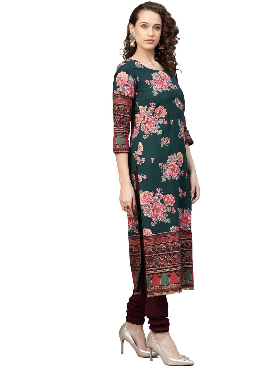 Ahalyaa Green & Burgundy Printed Kurta with Churidar & Dupatta | Swadesiicart