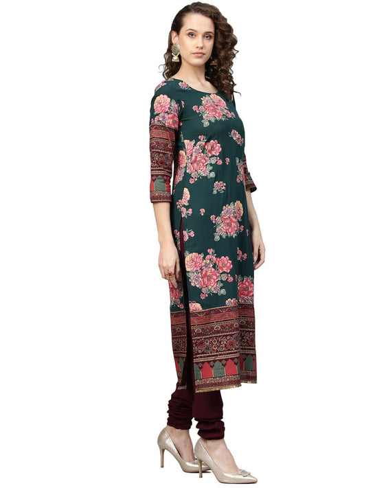 Ahalyaa Green & Burgundy Printed Kurta with Churidar & Dupatta | Swadesiicart