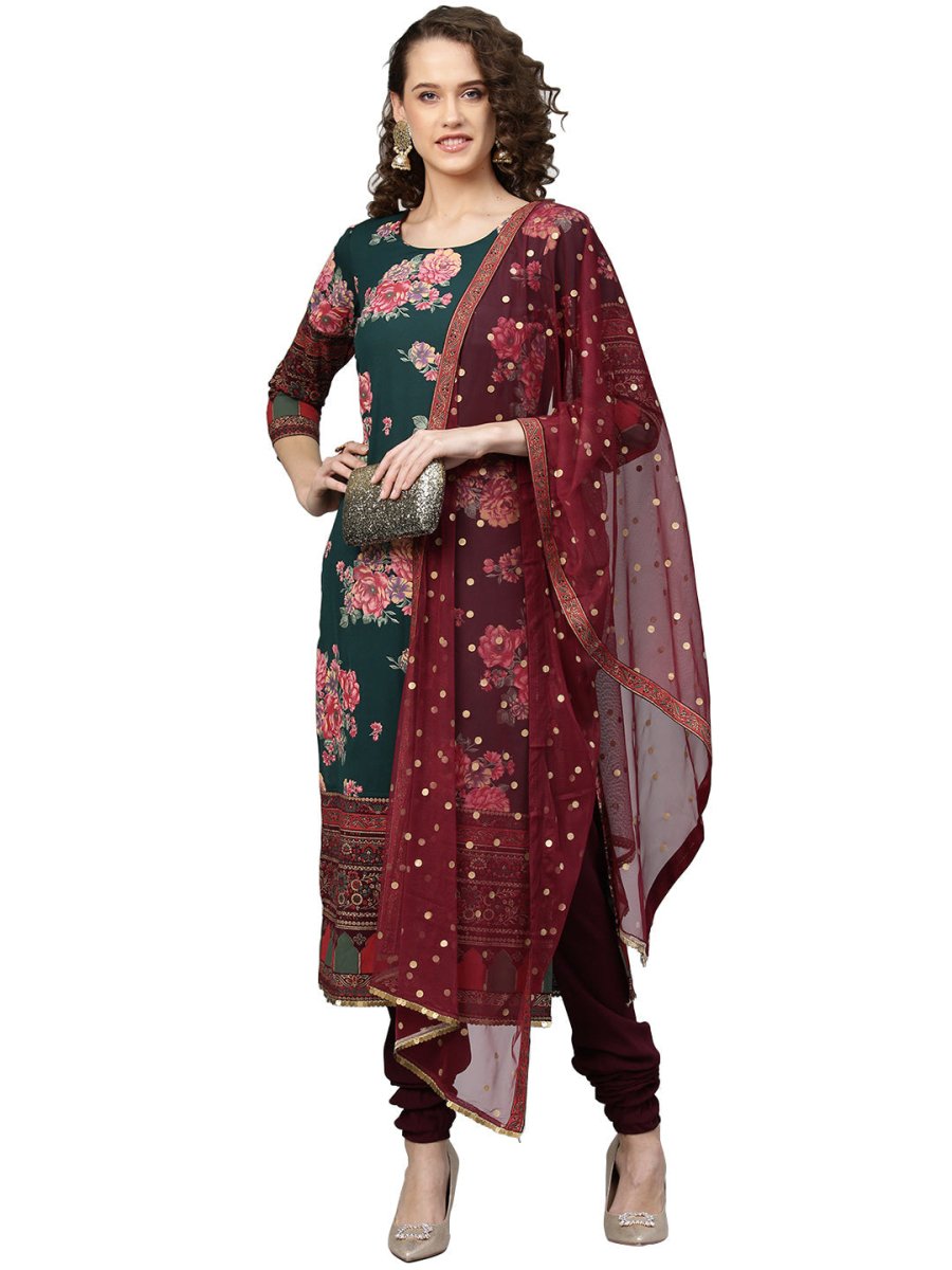 Ahalyaa Green & Burgundy Printed Kurta with Churidar & Dupatta | Swadesiicart