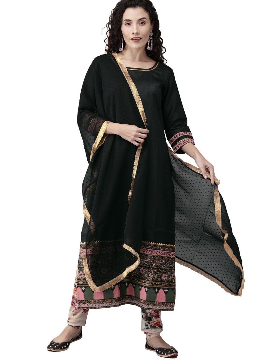 Ahalyaa Women Black & Beige Printed Kurta With Churidar & Dupatta | Swadesiicart