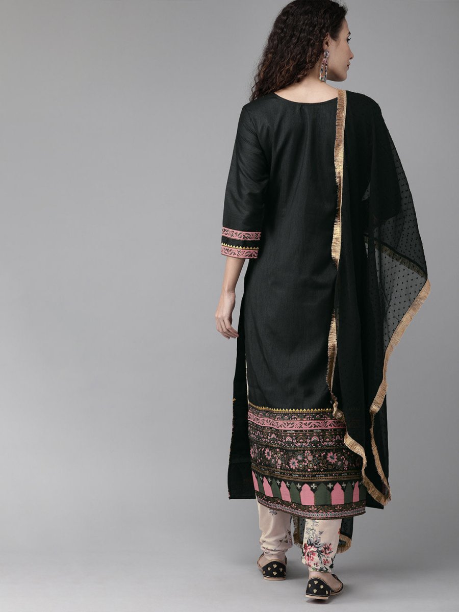 Ahalyaa Women Black & Beige Printed Kurta With Churidar & Dupatta | Swadesiicart