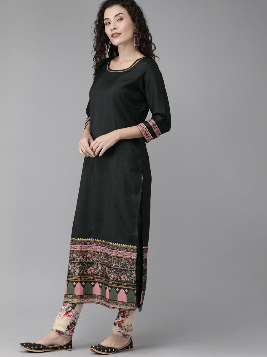 Ahalyaa Women Black & Beige Printed Kurta With Churidar & Dupatta | Swadesiicart