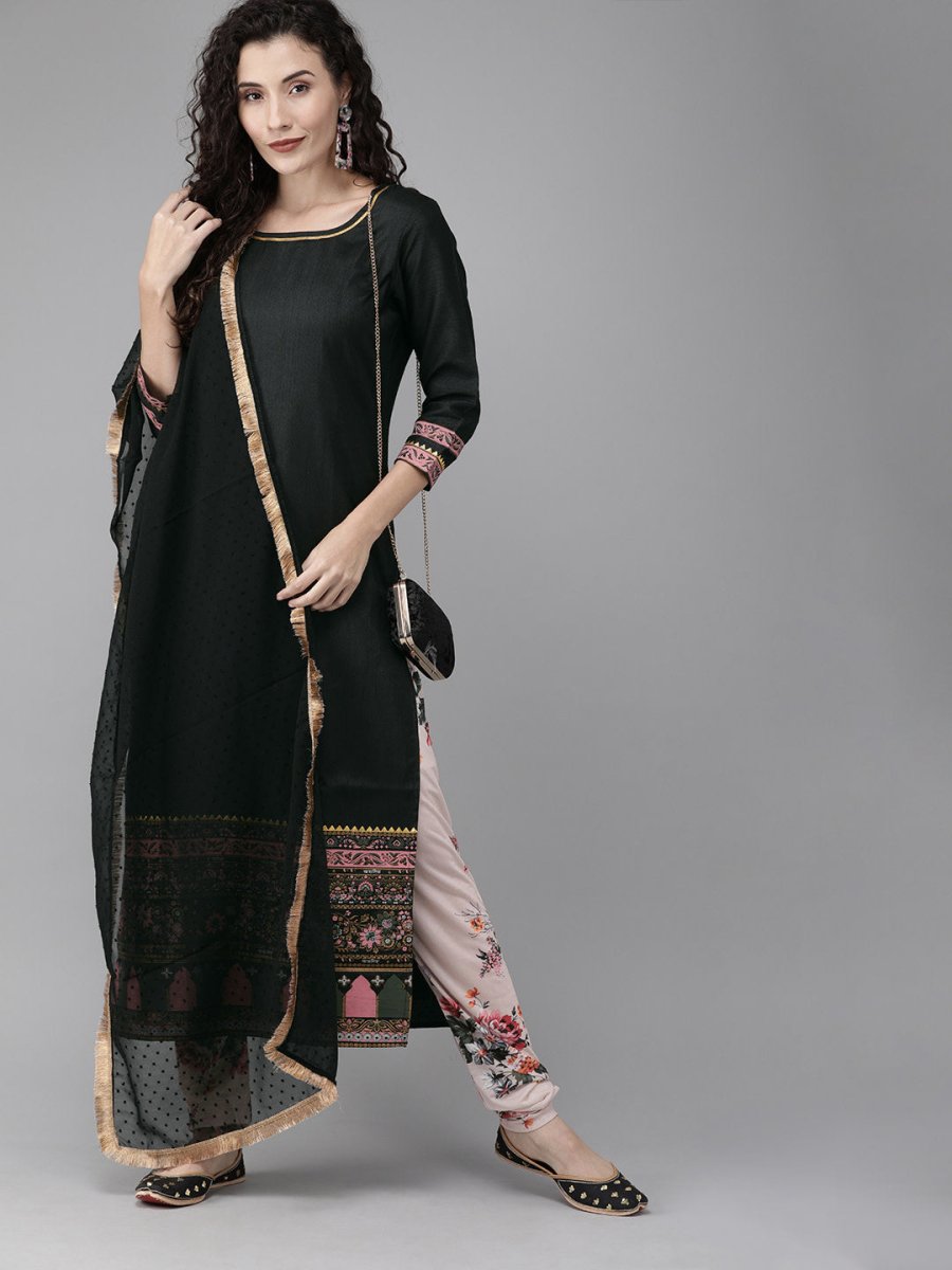 Ahalyaa Women Black & Beige Printed Kurta With Churidar & Dupatta | Swadesiicart