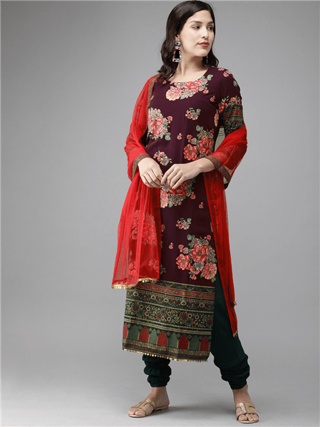 Ahalyaa Women Burgundy & Green Printed Beautiful Kurta Set | Swadesiicart