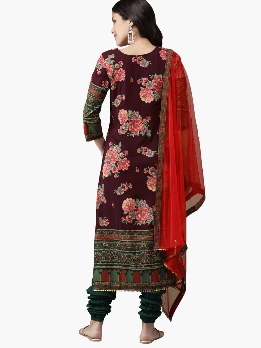 Ahalyaa Women Burgundy & Green Printed Beautiful Kurta Set | Swadesiicart