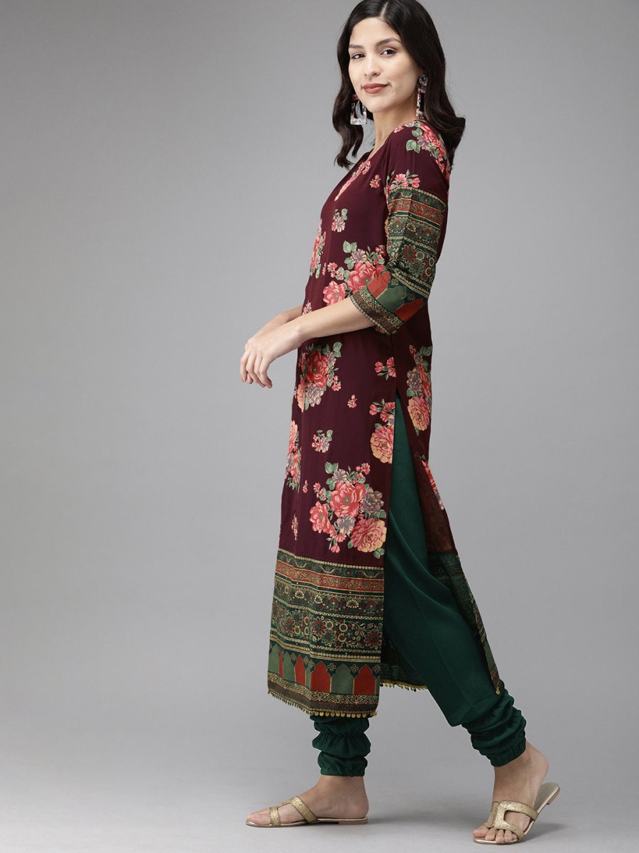 Ahalyaa Women Burgundy & Green Printed Beautiful Kurta Set | Swadesiicart