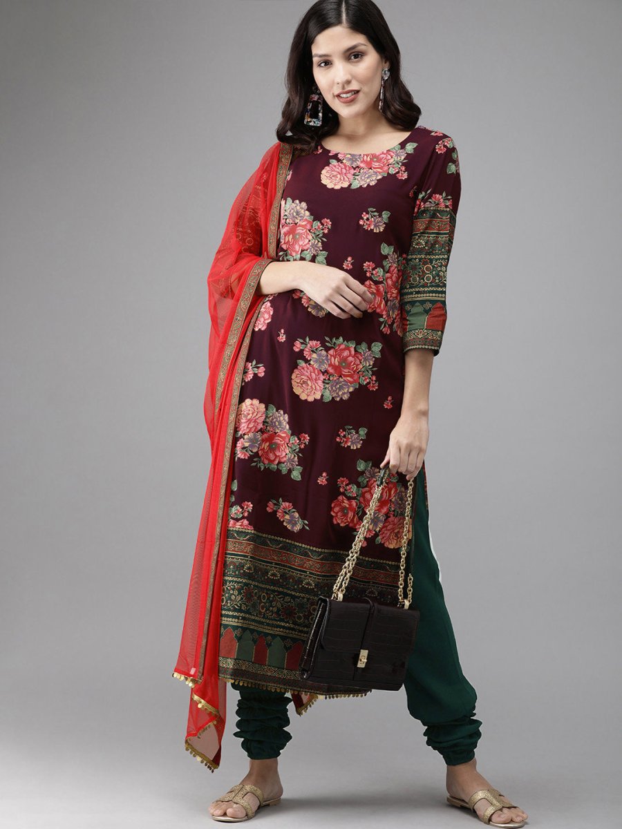 Ahalyaa Women Burgundy & Green Printed Beautiful Kurta Set | Swadesiicart