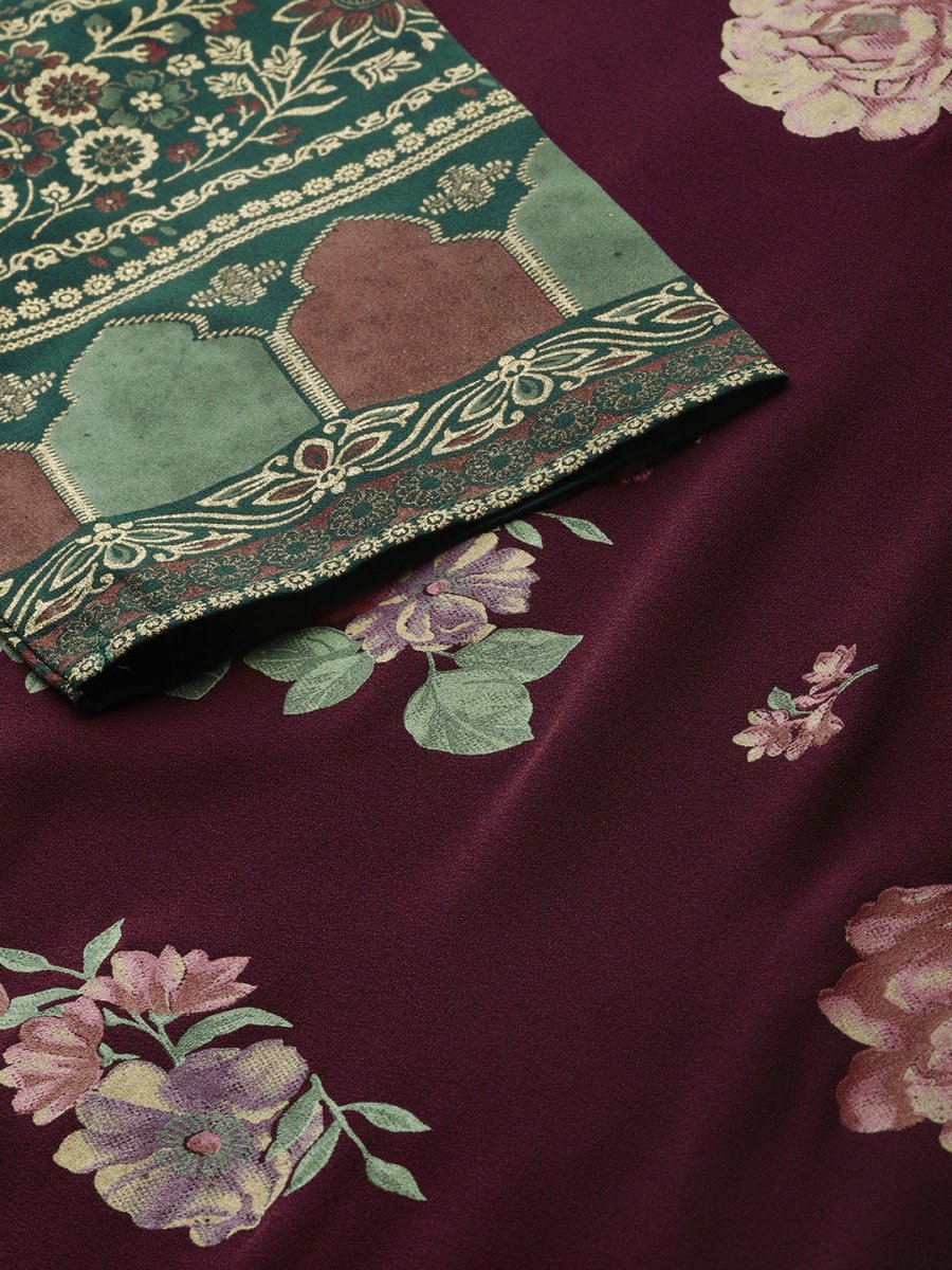Ahalyaa Women Burgundy & Green Printed Beautiful Kurta Set | Swadesiicart