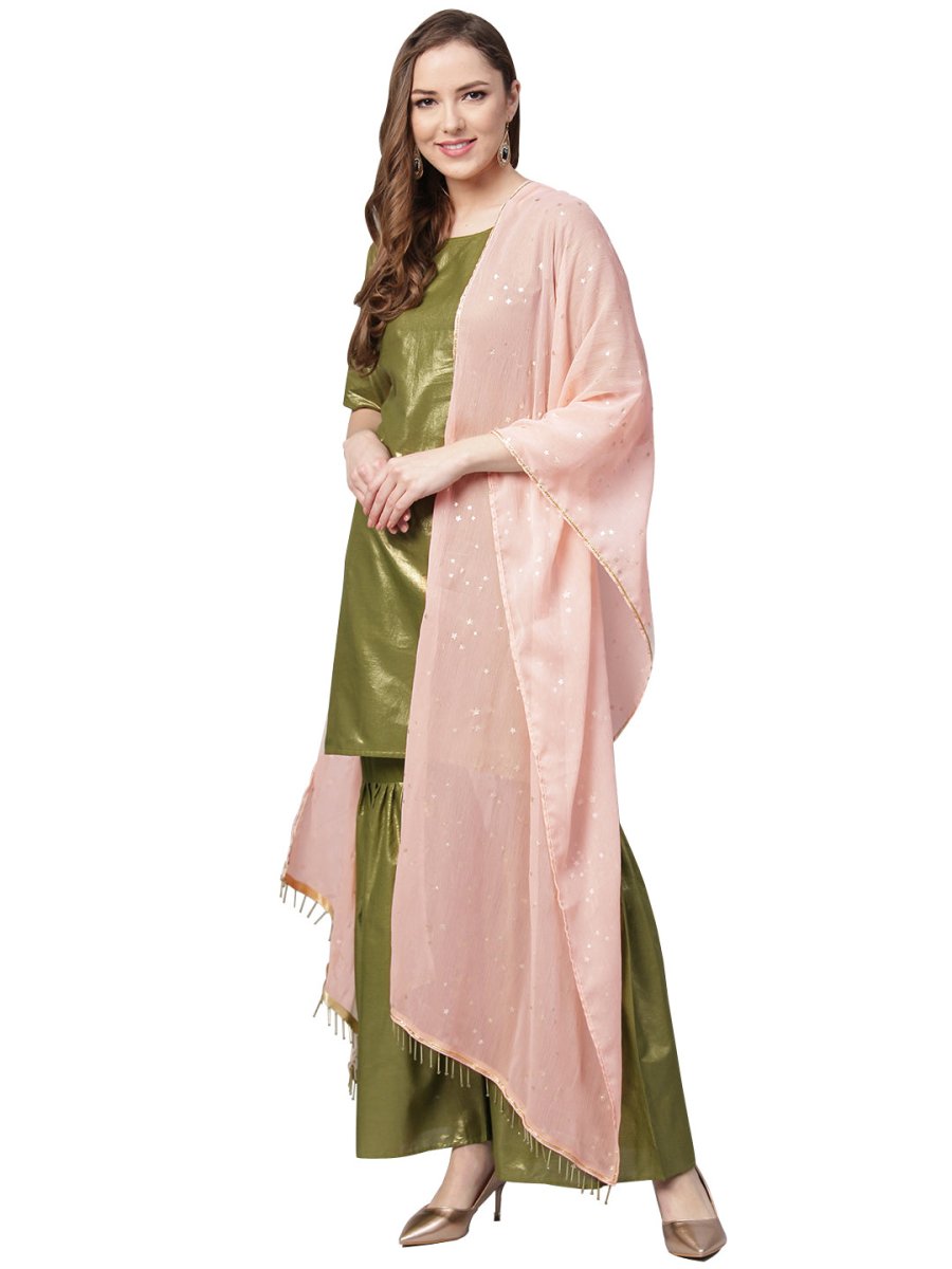 Ahalyaa Shimmer Green Cotton Kurta Gharara With Peach Dupatta | Swadesiicart