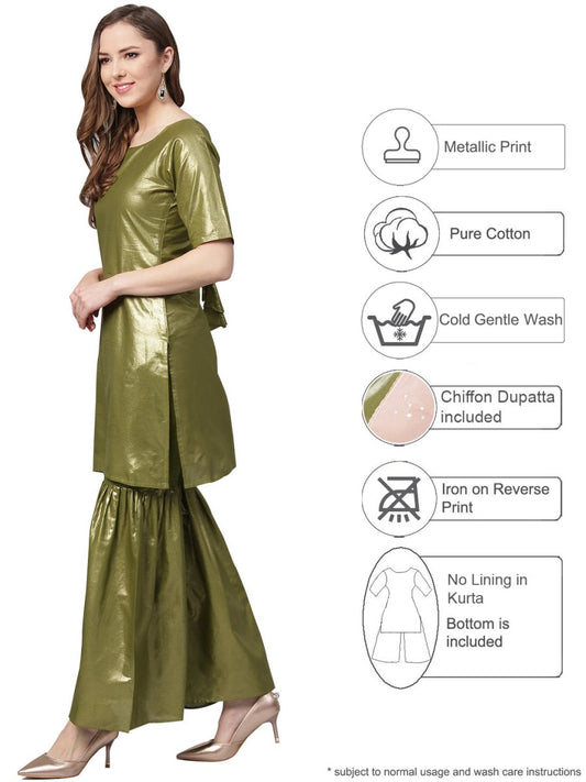 Ahalyaa Shimmer Green Cotton Kurta Gharara With Peach Dupatta | Swadesiicart