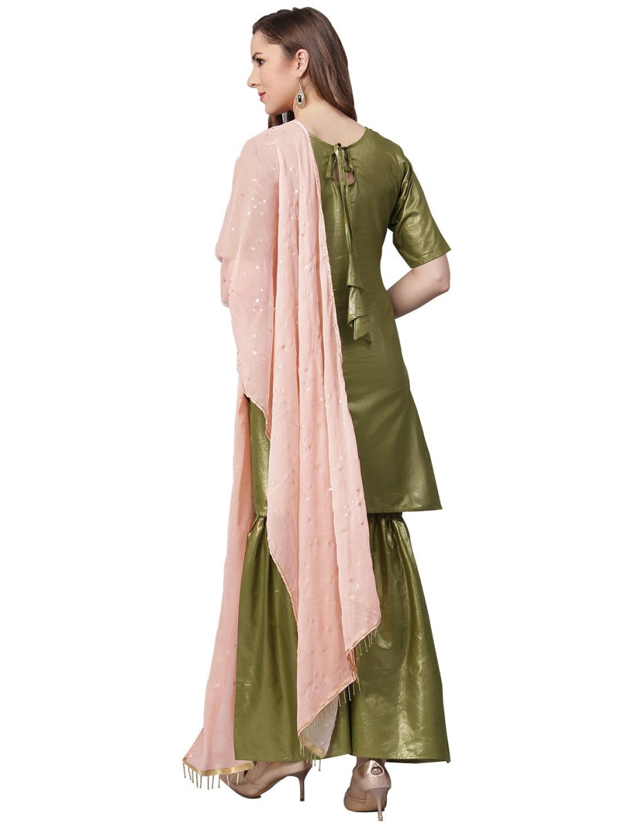 Ahalyaa Shimmer Green Cotton Kurta Gharara With Peach Dupatta | Swadesiicart